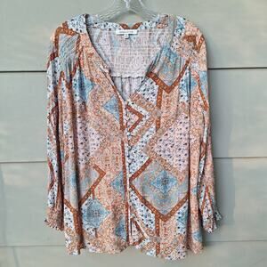 Rose + Olive 100% Rayon Boho Bohemian Long Sleeves Top Blouse Tan Brown Blue XL